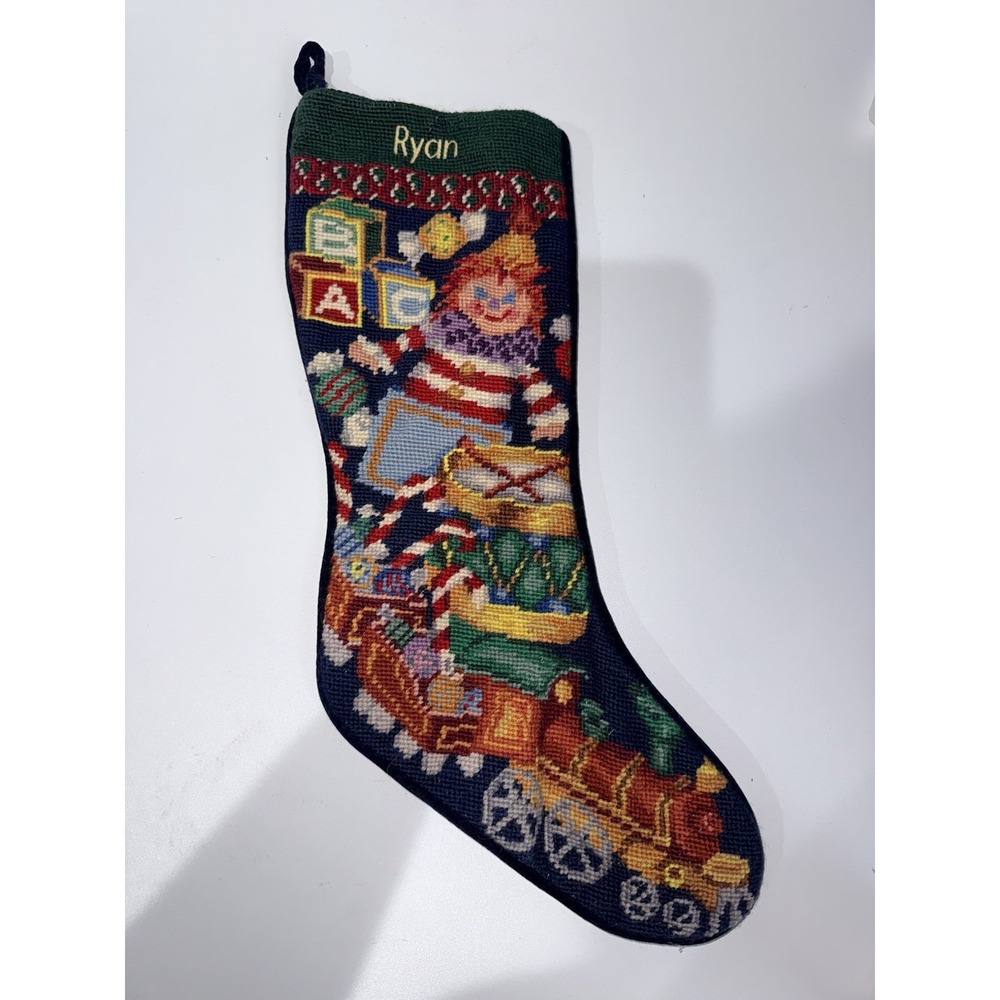 LANDS END Needlepoint Christmas Stocking Train Toys RYAN Velvet Backing Raggey A